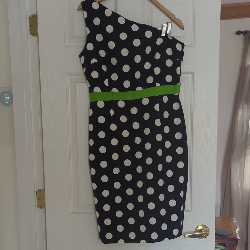 David Meister Black and White Sheath Dress One-Shoulder